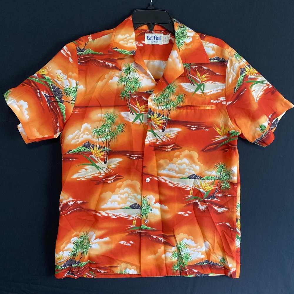 VTG 70's Rai Nani Men's Medium Orange Palms Surf Classic Hawaiian Shirt 101 Camp